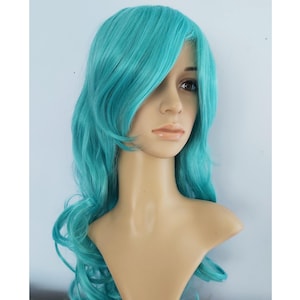 Turquoise green long curly wig for women. Holiday party turquoise costume wig. High quality synthetic hair. Free US shipping.