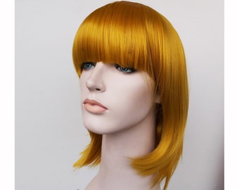 Light Golden Blonde bob wig with bangs for women. Light Beige Blonde short wig. High quality synthetic wig. Free shipping US. Ready to ship.