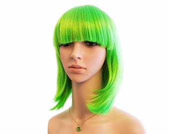 Parrucca bob verde brillante con frangia: capelli sintetici corti, resistenti al calore