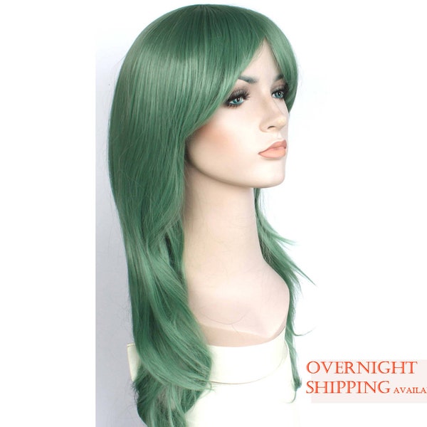 Green long wavy wig. Jade Green long wavy hair. Holiday party costume long green wavy hair for women. Free shipping in USA. Ready to ship.