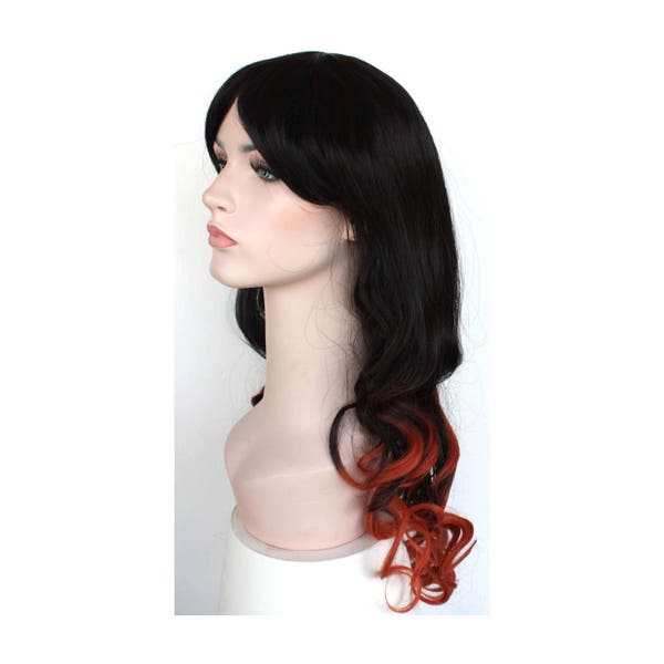 Long curly black and red orange wig. Holiday party costume wig for women. Daily wear hair for women. Free shipping in US. ready to ship.