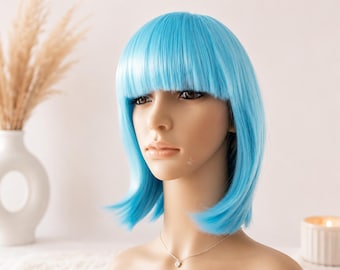 Peluca bob azul aguamarina con flequillo: sintética, resistente al calor.