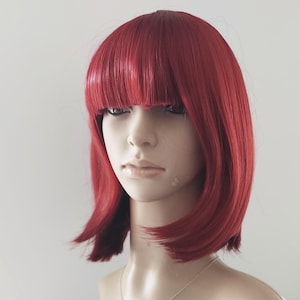 Dark Red Bob Wig with Bangs: Short Straight Synthetic Hair