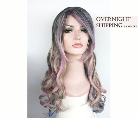 Elegant Ombre Dark Brown W Pastel Highlight Long Curly Wig Synthetic Wig Daily Wig Ready To Ship