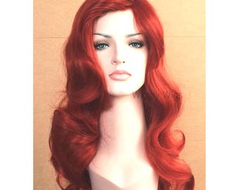 Red long curly wig for women. Holiday party cosplay red wig. Natural looking high quality synthetic hair. Ready to ship. Free US shipping.