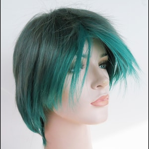Brown and dark green mixed spiky short wig. Multi-colored wig. Party costume synthetic hair for women. Ready to ship. Free shipping in USA.
