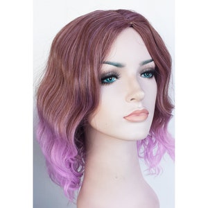 Ombre Curly Shoulder Length Wig: Brown Lilac Synthetic Hair