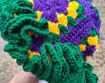 Mardi Gras crochet hat, Mardi Gras hat, ruffle hat, crochet bucket hat, Mardi Gras, Granny square ruffle hat, crochet hat