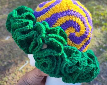 Mardi Gras crochet hat, Mardi Gras hat, ruffle hat, spiral crochet hat, Mardi Gras, Granny square ruffle hat, crochet hat, bucket hat