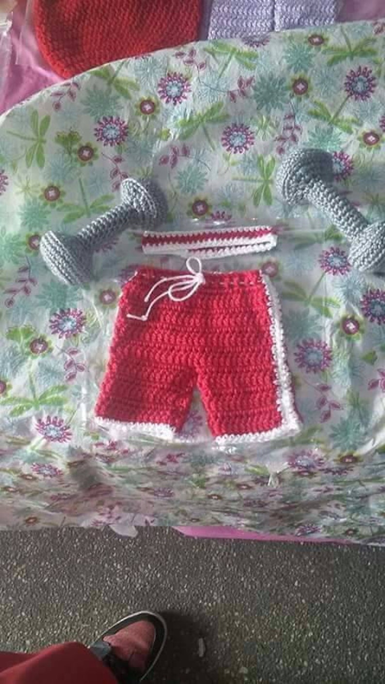 Crochet newborn shorts and barbell weight set photo prop