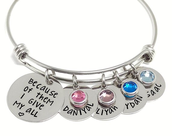 Personalized Bracelet - Because of them I give my all - Mother's Jewelry - Adjustable Bangle - Mother's Day - Childrens Names - Gift for Her