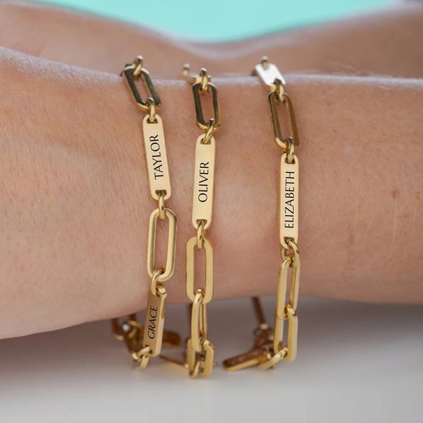 Custom Name Bracelet | Paperclip Chain | Name Bracelet for Women | Name Bar Bracelet | Gold or Silver | Gift For Women New Mom Birthday