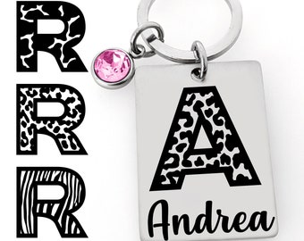 Monogram Keychain - Name Key chain - 3 Styles Cheetah Giraffe Zebra - Birthstone Crystal - Personalized Gift - For Women Animal Print