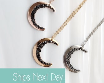 Black Crystal Crescent Moon Necklace: Celestial Boho Jewelry