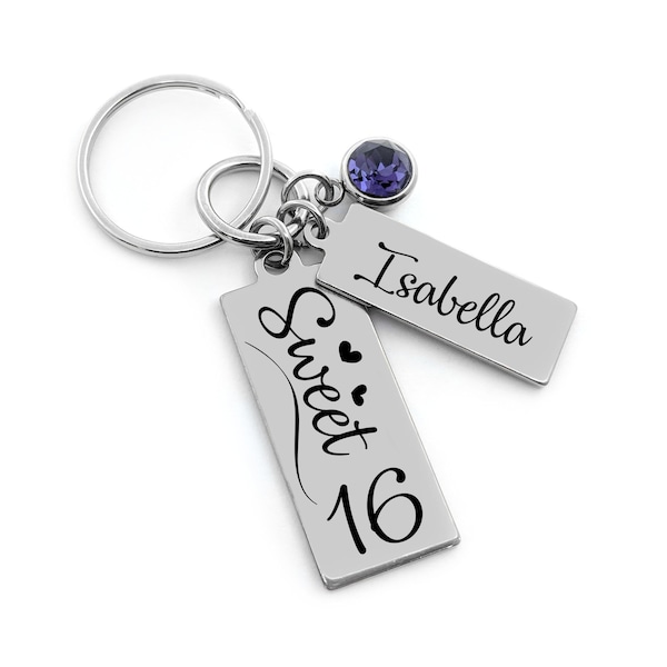 Sweet 16 Key Chain- Birthday Gift for 15 16 17 18 - Personalized Key Chain - Sweet 16 Gift- New Driver- Birthday Key Chain- Birthstone Gift