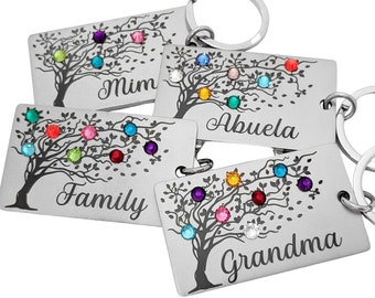 Family Tree Birthstone Key Chain, Grandma Gift, Personalized ANY NAME, Birth Month Crystal, Gift For Mom From Grandkids, Mimi Nana Grammy