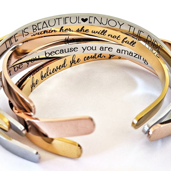 Personalized Cuff Bracelet, Engraved Bracelets for Women, Silver Gold Rose Gold, ANY Message Engraved, Inspirational Gift, Jewelry For Women