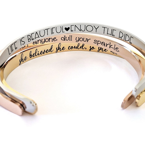 Cuff Bracelet, Personalized Engraved Bracelet, Inspirational Silver Gold Rose Jewelry, Gift for Mother's Day, Bridesmaid, Graduation For Her