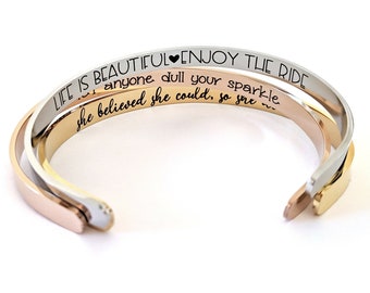 Engraved Bracelets for Women, Personalized Cuff Bracelet, Silver Gold Rose Gold, ANY Message Engraved, Inspirational Gift, Jewelry For Women