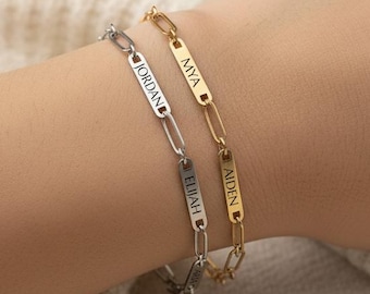 Engraved Name Paperclip Chain Bracelet: Personalized Charm, Gift for Mom