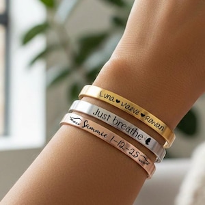 Personalized Engraved Cuff Bracelet | Custom Message Bracelet | Name, Date, Quote Gift | Adjustable Bangle Jewelry for Her | Gift for Mom