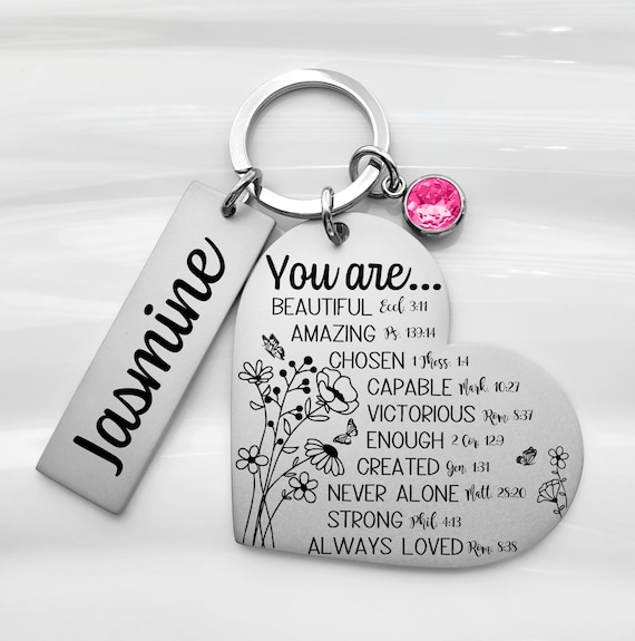 Custom Bible Verse Stainless Steel Heart Keychain with Personalized Name & Birthstone Crystal - Unique Gift for Faith and Inspiration