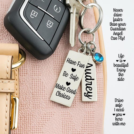 Personalized Engraved Birthstone Keychain- Custom Name, Date, or 1 of 4 Sayings Sweet 16, First-Time Driver & Birthday Gift for Teenage Girl