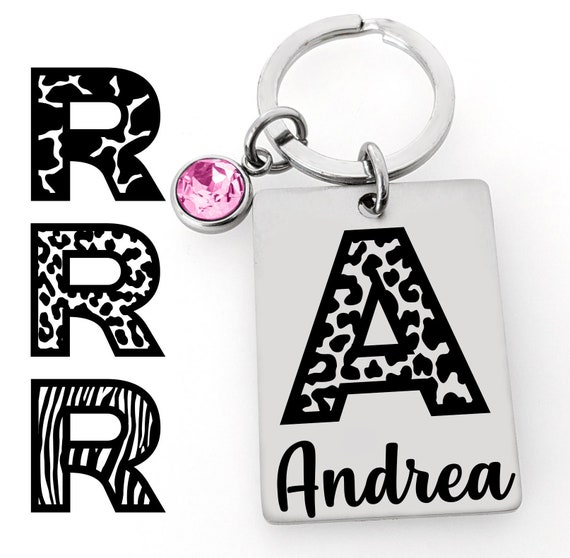 Monogram Keychain - Name Key chain - 3 Styles Cheetah Giraffe Zebra - Birthstone Crystal - Personalized Gift - For Women Animal Print