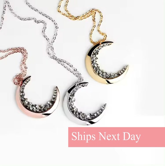 Black Crystal Celestial Crescent Moon Necklace Moon Phase Jewelry Gift For Her Boho Style Trendy Necklace Witch Moon Necklace Handmade