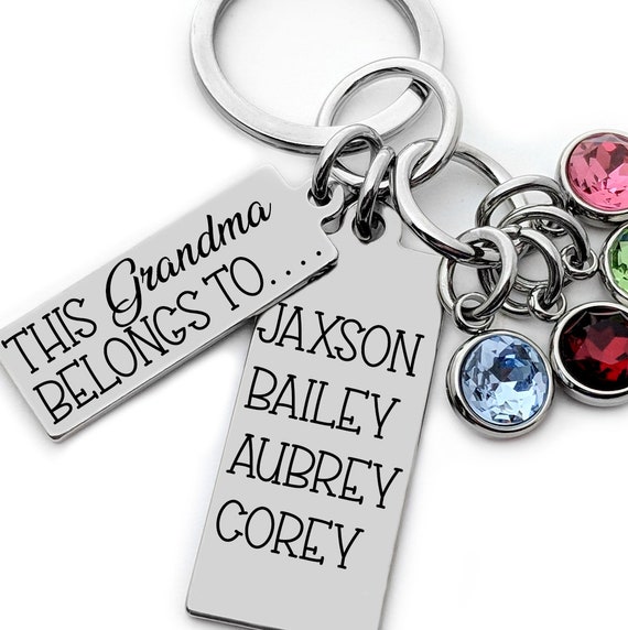 Birthstone Keychains / Grandma Gift with grand kids names and birthstones / Personalized Engraved Stainless Steel