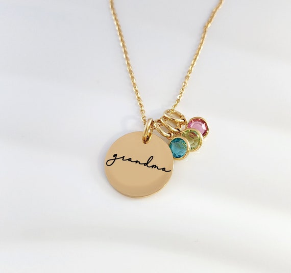 Personalized Gift Custom Gold Disc Mom Necklace Grandma Gifts Birthstone Necklace for Mom Mama Nana Gigi Mimi Birthday Gift Anniversary