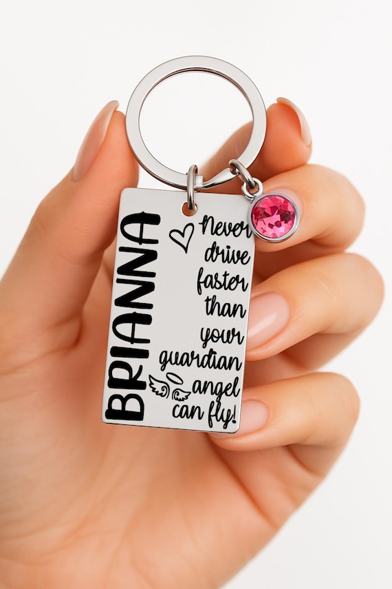 Personalized Guardian Angel Keychain: Sweet 16 Gift, Engraved Name & Birthstone