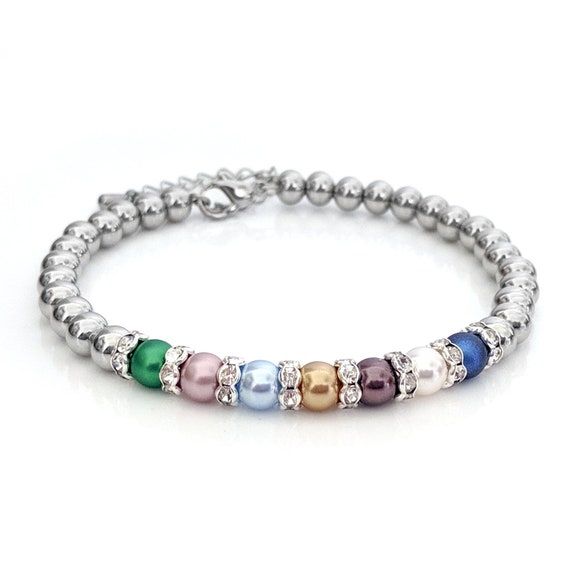 Swarovski Pearl Birthstone Bracelet, Custom Up 20 Pearls, Mothers Bracelet, Bangle Bracelet For Women, Rhinestone Spacers and Silver Beads