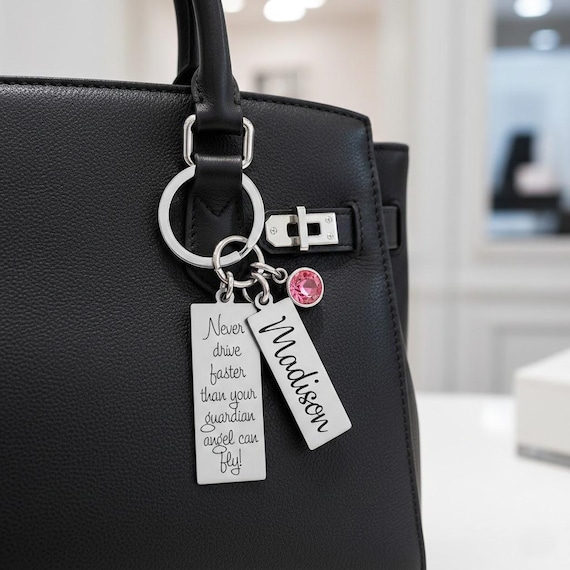 Personalized Sweet 16 Keychain: Engraved Stainless Steel, Birthstone Charm