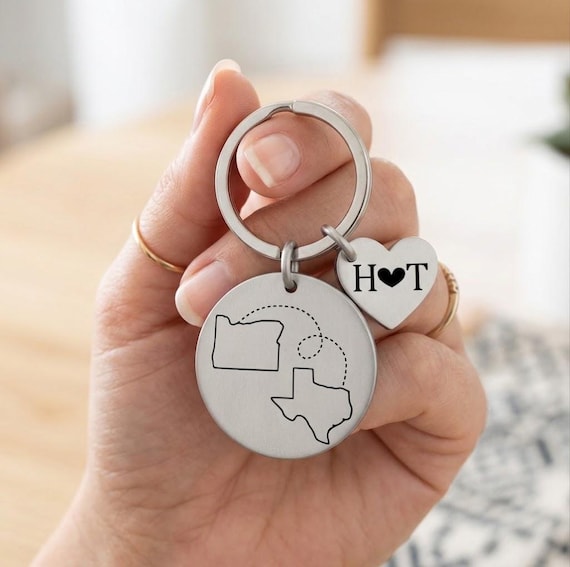 Personalized State Keychain, Long Distance Best Friend Gift, Moving Away Gift, Custom Two State Keychain, Friendship Gift, Initials