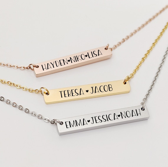 Bar Necklace, Mother's Day Gift, Custom Name Nameplate, Engraved Kids Names, Silver Gold Rose, Personalized Mom Chain For Her