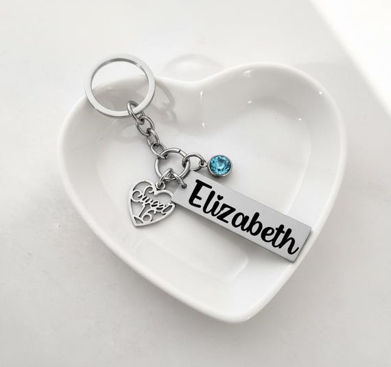 Personalized Sweet 16 Keychain with Birthstone | Custom 16th Birthday Gift for Daughter, Teen Girl, New Driver | Engraved Stainless Steel