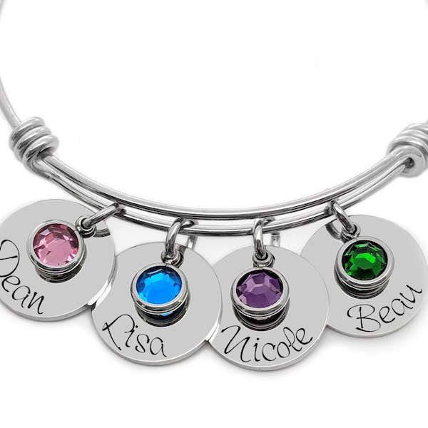 Birthstone Jewelry / Mothers Bracelet with kids names / Personalized Engraved Gift For Mom / Gift From Kids