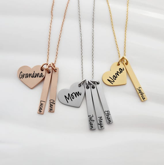 Custom Engraved Heart Necklace with Bar Tag, Personalized Stainless Steel Jewelry, Gold, Rose, Silver, Hypoallergenic Gift for Her
