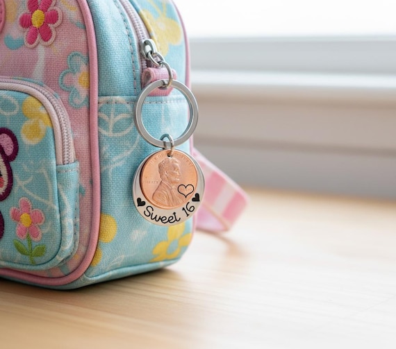 Sweet 16 Keychain with 2009 Penny – Personalized 16th Birthday Gift for Teen Girls – Custom Engraved Stainless Steel Disc Keepsake