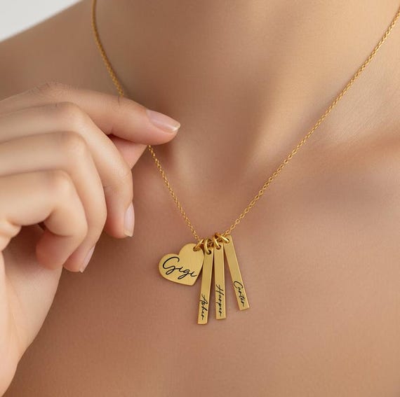 Personalized Name Necklace | Stainless Steel Heart Charm + Up to 6 Bar Tags | Custom Mom, Grandma, Family Gift