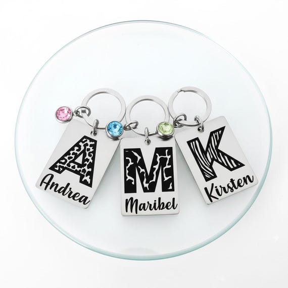 Personalized Monogram Keychain – Custom Initial & Birthstone Gift – Animal Print Cheetah Zebra Giraffe Stainless Steel Key Chain