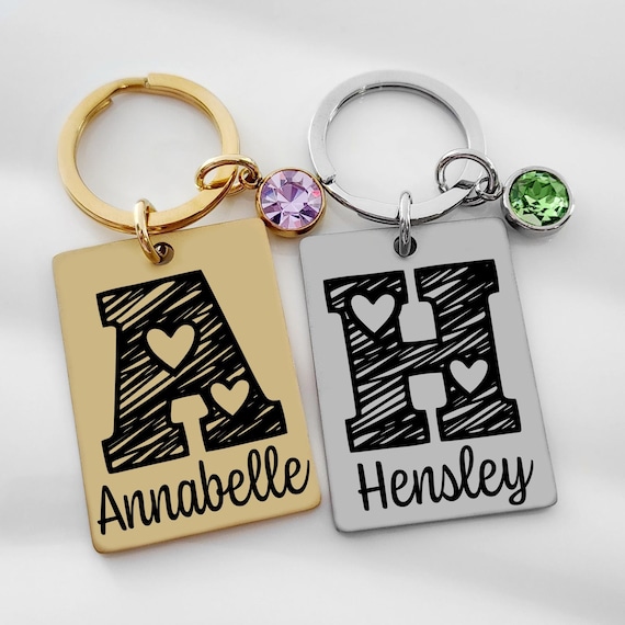 Personalized Monogram Keychain- Custom Name Engraved Stainless Steel Key Ring with Initial & Birthstone Charm Gift for Women, Girls, Friends