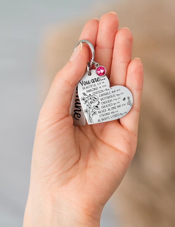 Custom Bible Verse Heart Keychain – Personalized Name & Birthstone – Christian Gift – Stainless Steel Inspirational Jewelry