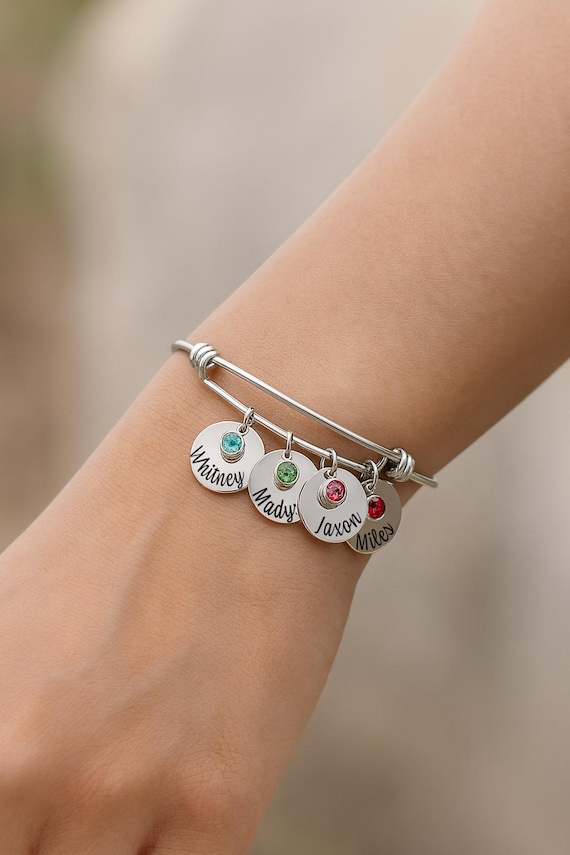 Personalized Stainless Steel Charm Bracelet with Birthstones – Custom Engraved Name Discs, Adjustable Hypoallergenic Jewelry Gift