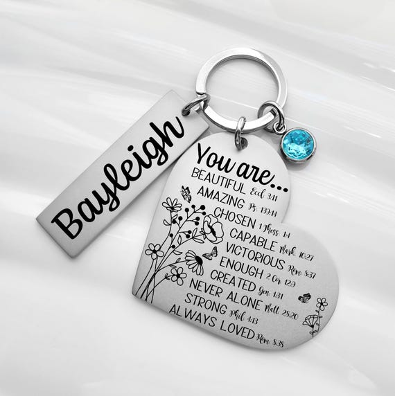 Custom Bible Verse Heart Keychain - Personalized Name & Birthstone Crystal - Stainless Steel Faith-Inspired Gift for Loved Ones
