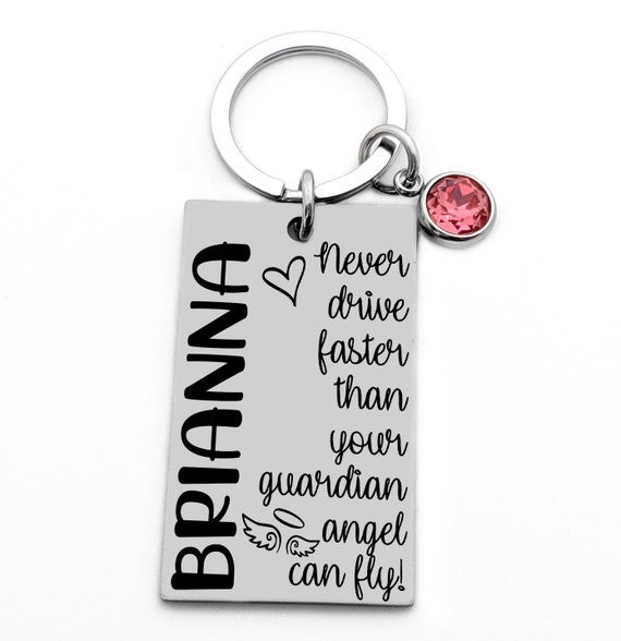 Guardian Angel Sweet 16 Custom Key Chain, Engraved Teenage Girl Gift, First Time Driver Birthday Gift Message Personalized Name & Birthstone