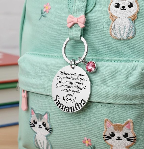 Personalized Guardian Angel Keychain with Birthstone – Custom Engraved Gift for Teen, New Driver, Daughter, Sweet 16, Encouragement