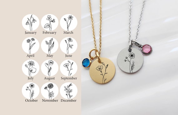Birth Flower Necklace Personalized Jewelry For Women, Gift For New Mom, Mother's Day, Custom Name Birthstone Necklace For Her, Mom Charm