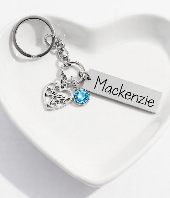 Personalized Sweet 16 Keychain Gift for Girls, Custom Name & Birthstone Charm, 16th Birthday Keepsake, First Car Key Gift